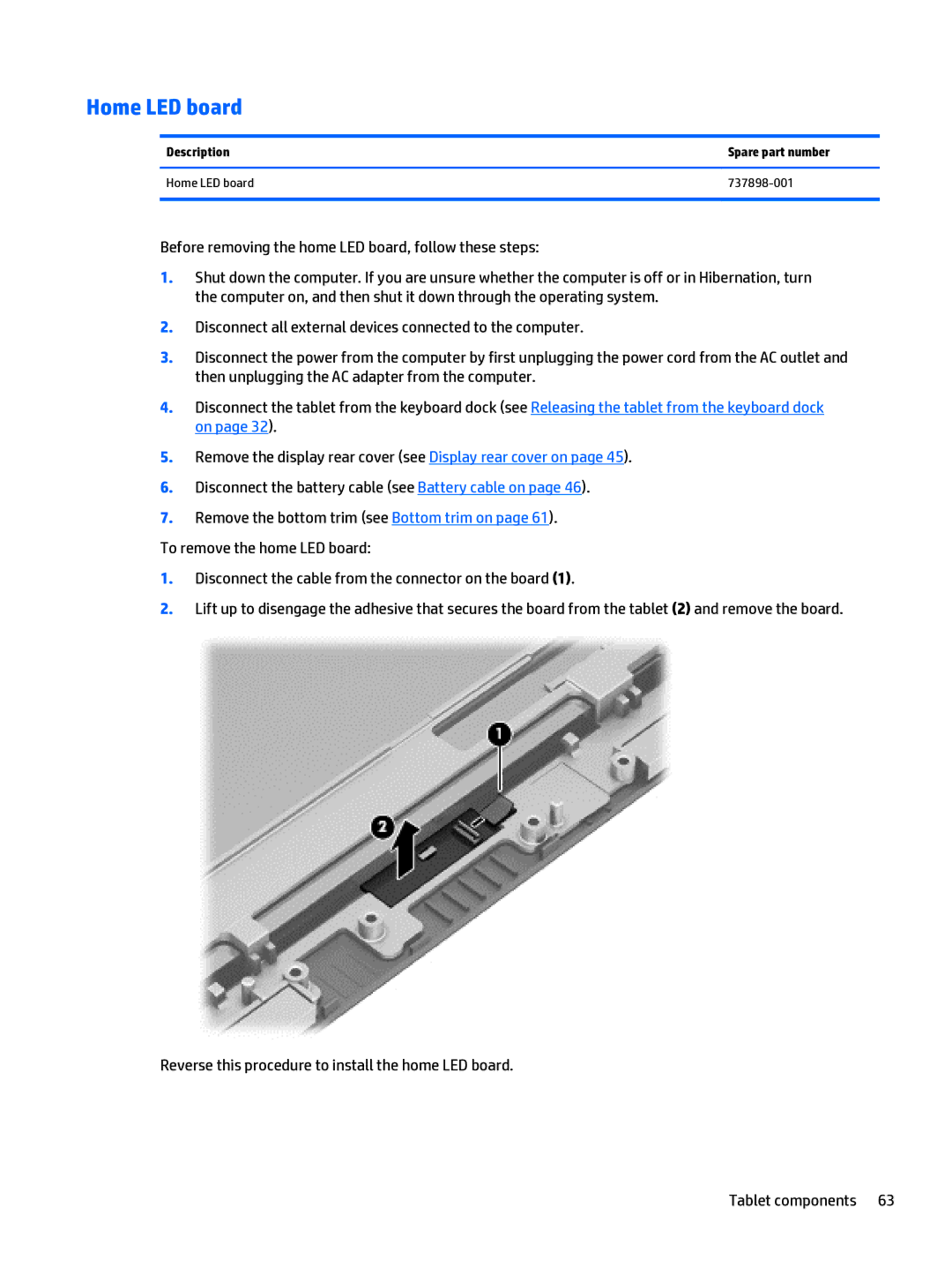 HP Split 13 x2 E0W59UARABA manual Description Spare part number Home LED board 737898-001 