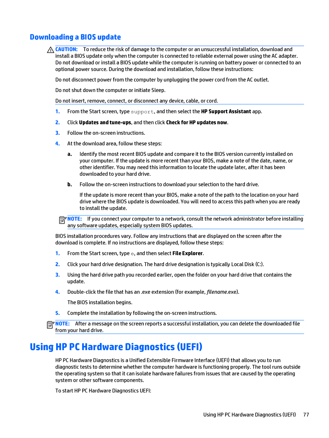 HP Split 13 x2 E0W59UARABA manual Using HP PC Hardware Diagnostics Uefi, Downloading a Bios update 