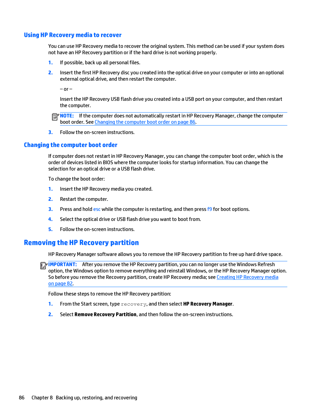 HP Split 13 x2 E0W59UARABA manual Removing the HP Recovery partition, Using HP Recovery media to recover 