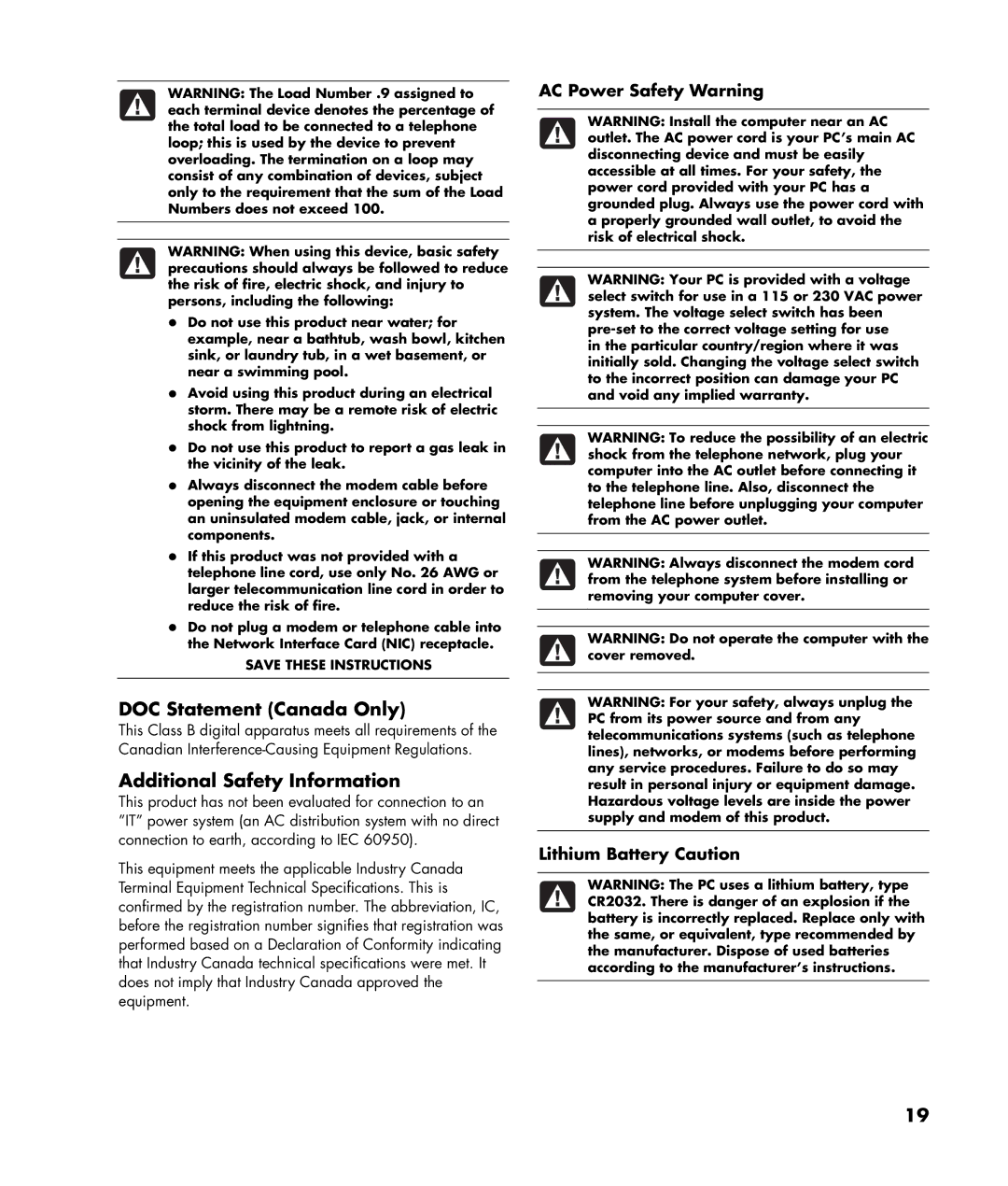 HP SR1010T (PJ651AV), SR1010Z (PJ623AV) DOC Statement Canada Only, Additional Safety Information, AC Power Safety Warning 