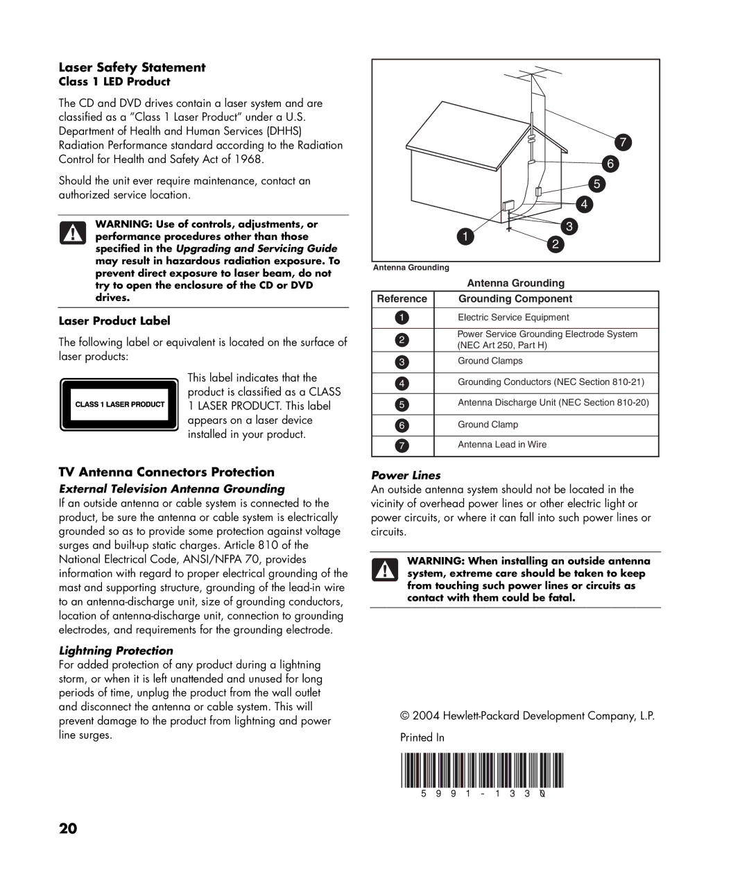 HP SR1005T (PJ688AV) Laser Safety Statement, TV Antenna Connectors Protection, Class 1 LED Product, Laser Product Label 