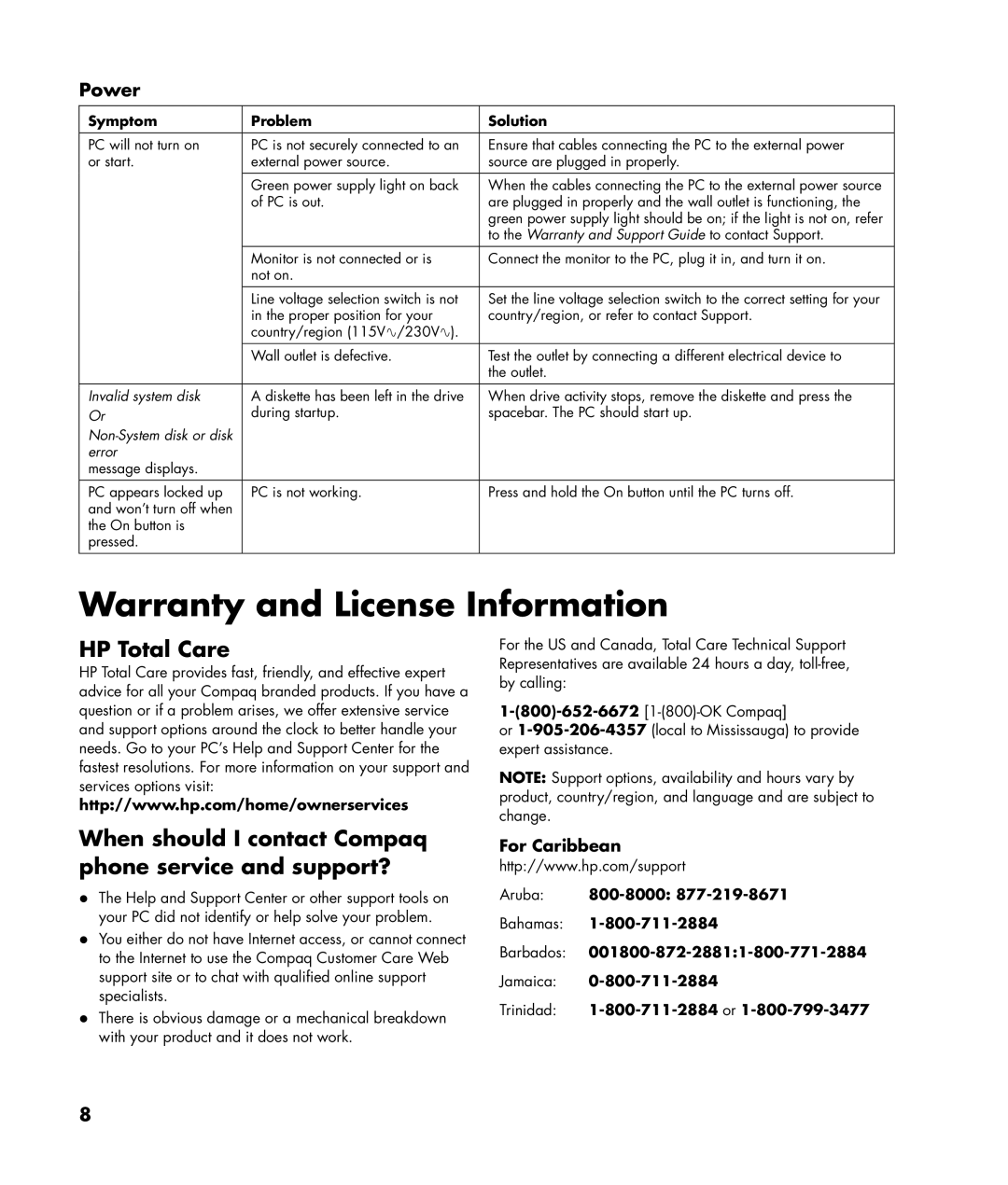 HP SR1005T (PJ688AV), SR1010Z (PJ623AV) manual Warranty and License Information, HP Total Care, Power, For Caribbean 