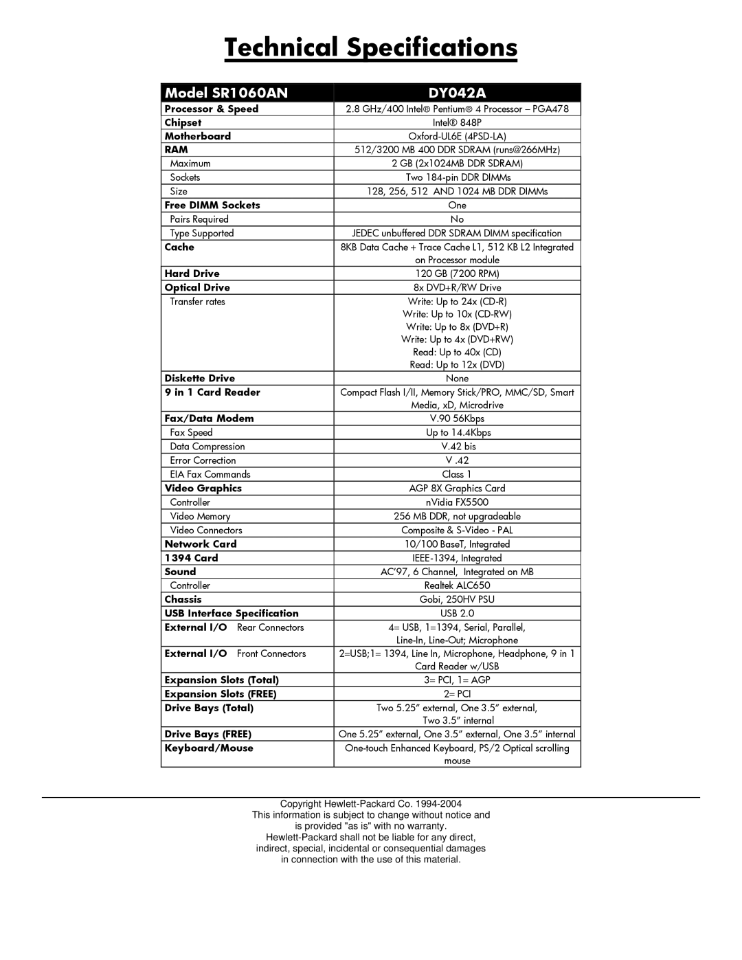 HP manual Technical Specifications, Model SR1060AN DY042A, Ram 