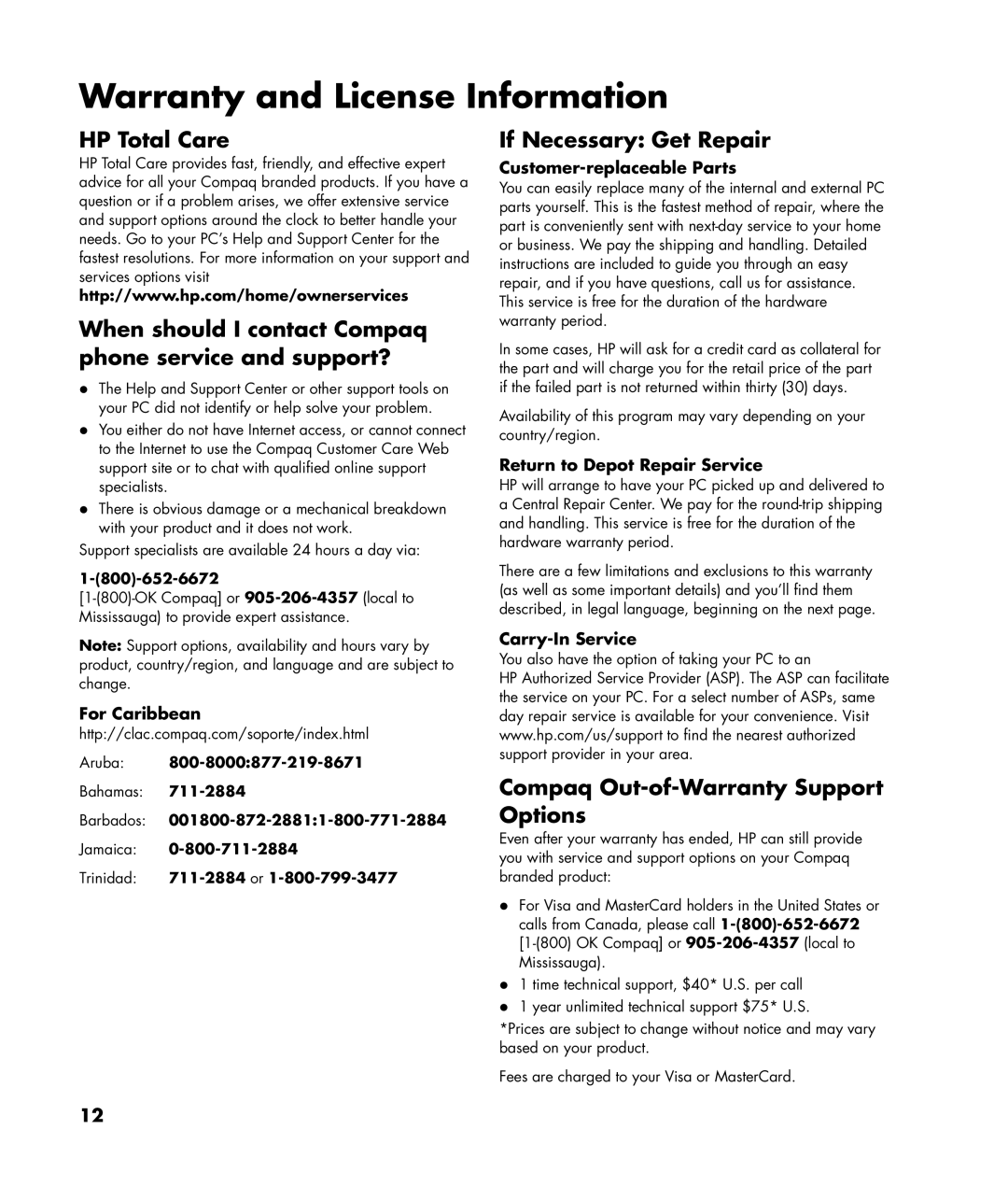 HP SR1123WM, SR1103WM Warranty and License Information, If Necessary Get Repair, Compaq Out-of-Warranty Support Options 