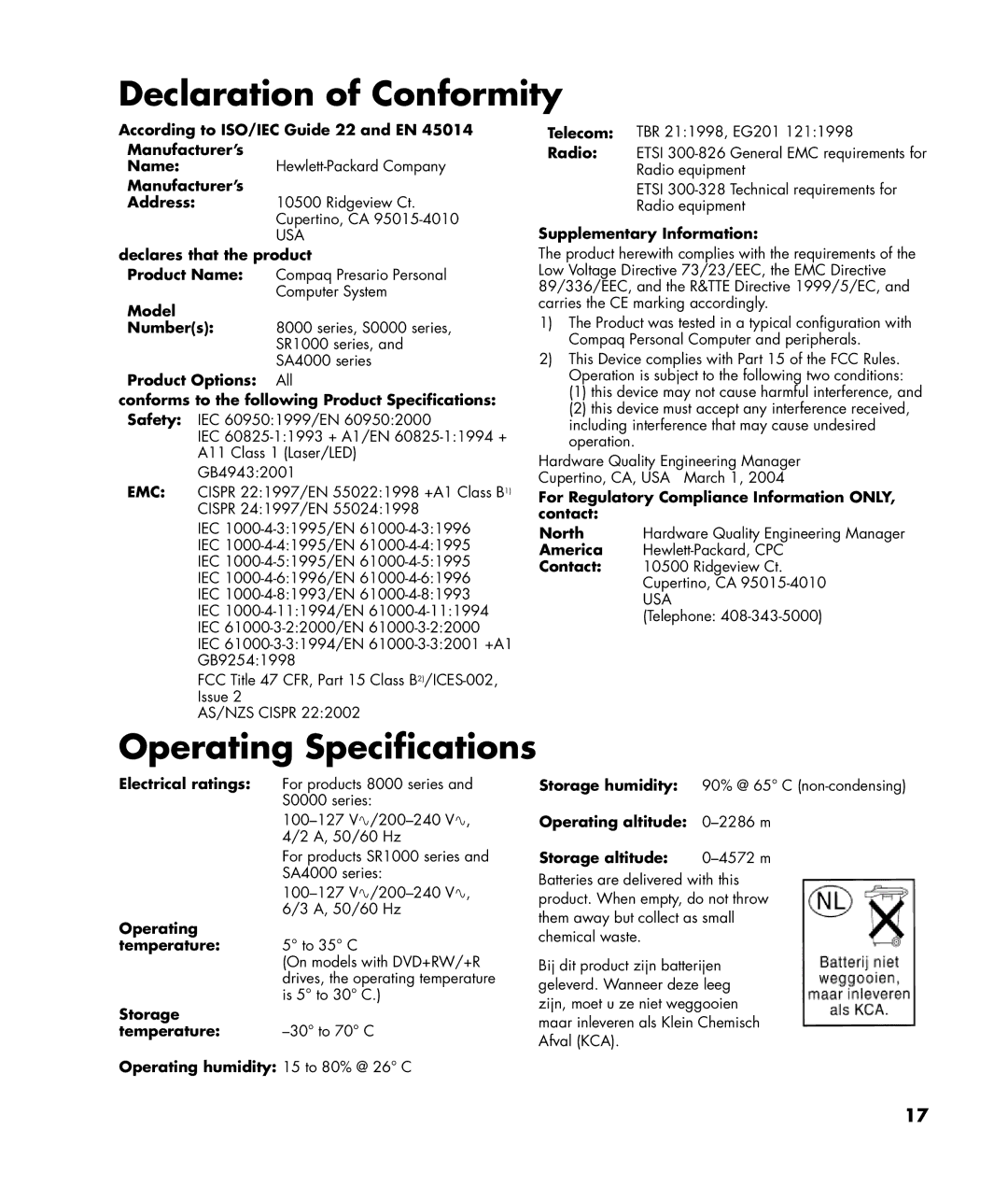 HP SR1132CU, SR1103WM, SR1102BD, SR1114NX, SR1115CL, SR1111NX, SR1170NX Declaration of Conformity, Operating Specifications 