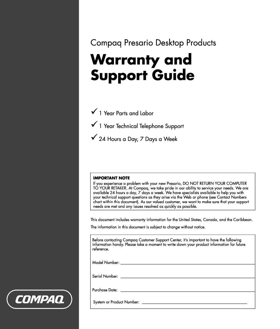 HP SR1102BD, SR1103WM manual Warranty and Support Guide, Compaq Presario Desktop Products, Hours a Day, 7 Days a Week 