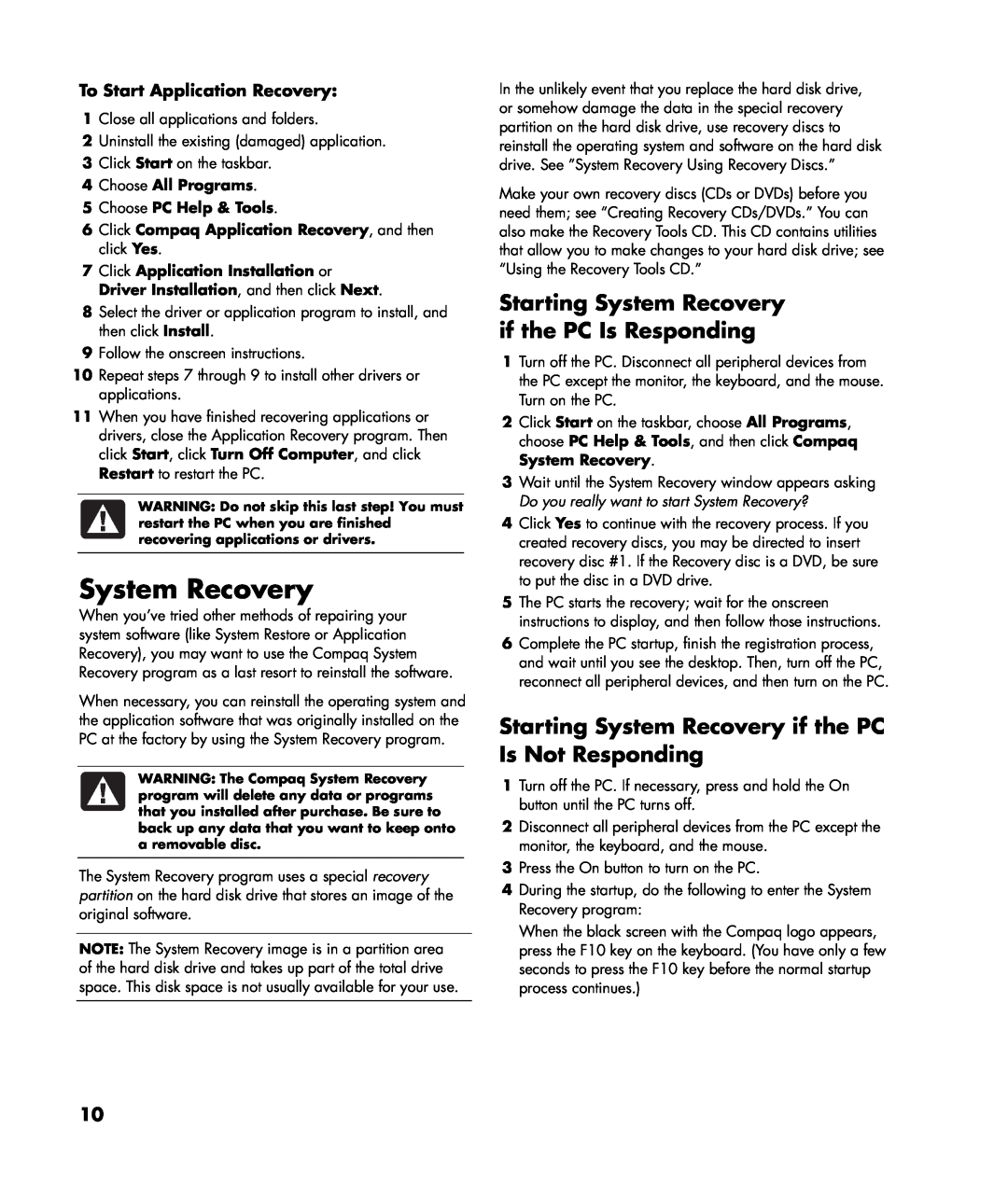 HP SR1126NX Starting System Recovery if the PC Is Responding, Starting System Recovery if the PC Is Not Responding 