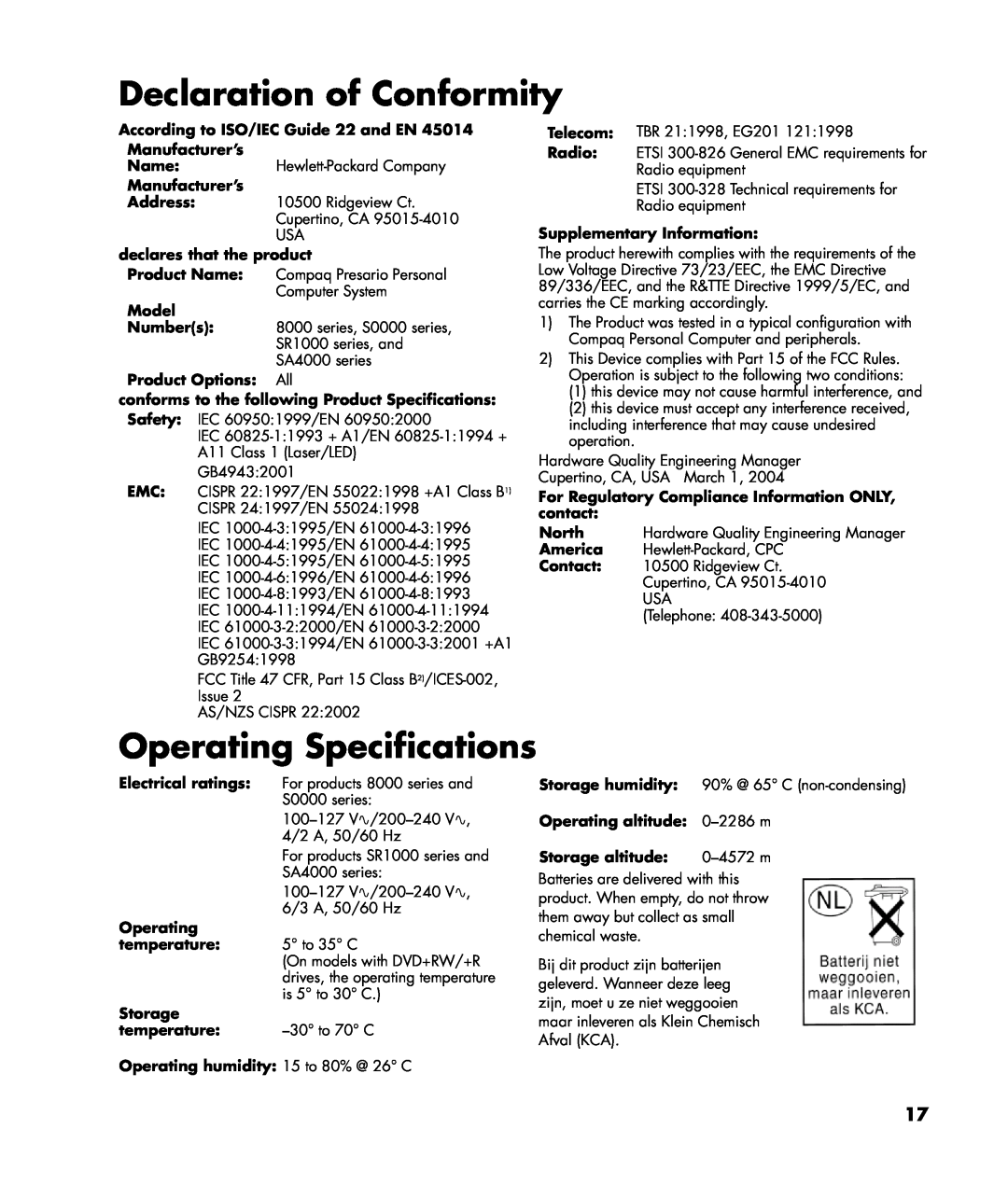 HP SR1132CU Declaration of Conformity, Operating Specifications, According to ISO/IEC Guide 22 and EN 45014 Manufacturer’s 