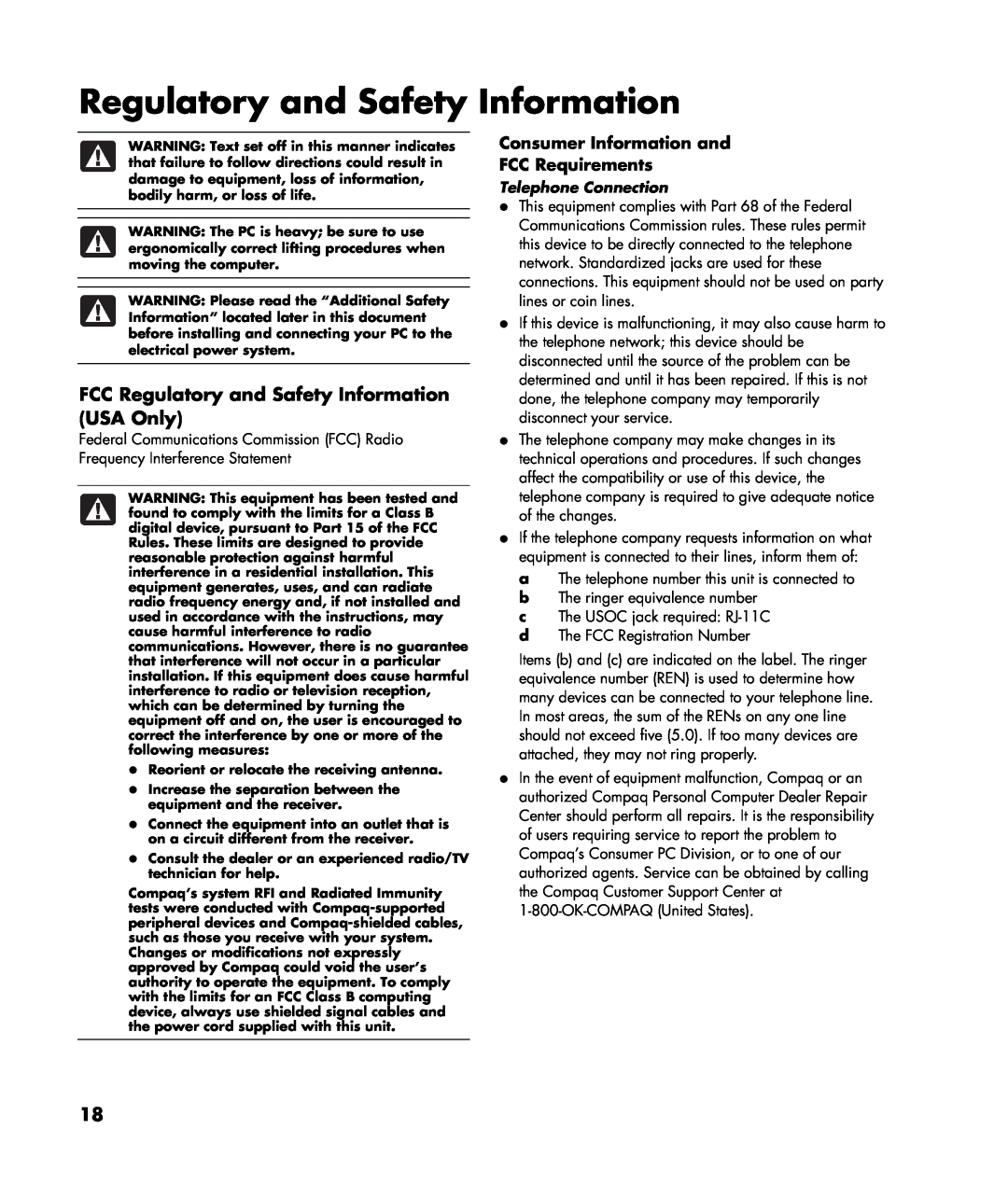HP SR1010V-2 (PJ687AV) manual FCC Regulatory and Safety Information USA Only, Consumer Information and FCC Requirements 