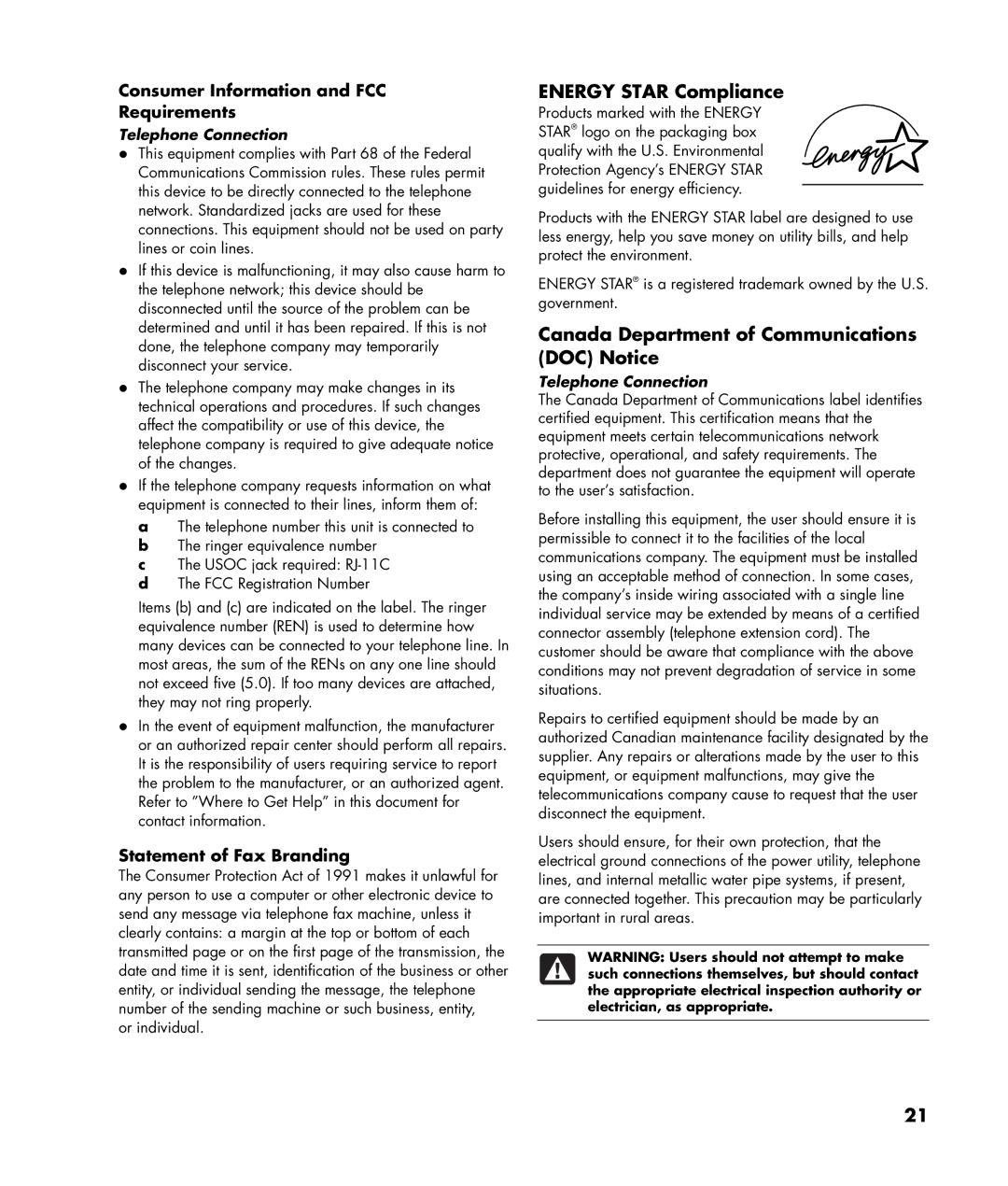 HP SR1212NX, SR1226NX Energy Star Compliance, Canada Department of Communications DOC Notice, Statement of Fax Branding 