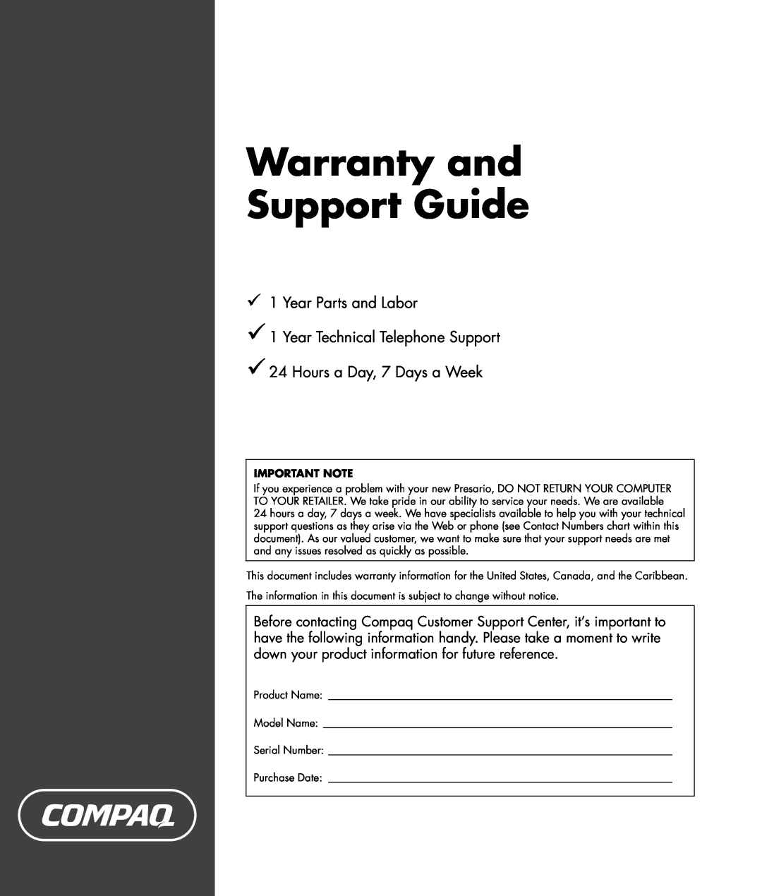 HP SR1222NX, SR1226NX, SR1221RS manual Warranty and Support Guide, Year Parts and Labor 1 Year Technical Telephone Support 