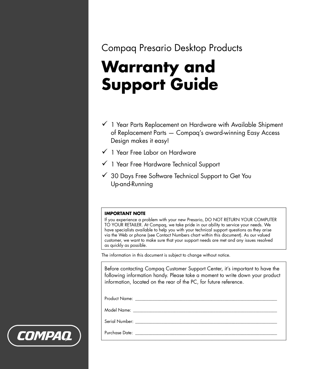 HP SR1399AN, SR1320AN, SR1380AN, SR1360CF (PJ749AV), SR1350IN, SR1360AN, SR1350AP, SR1340AP manual Warranty Support Guide 