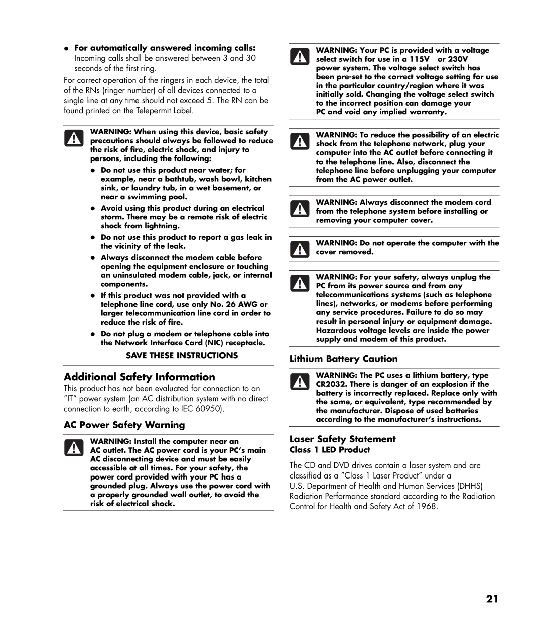 HP SR1300CF (PJ745AV), SR1320CF (PJ747AV) manual Additional Safety Information, AC Power Safety Warning, Class 1 LED Product 