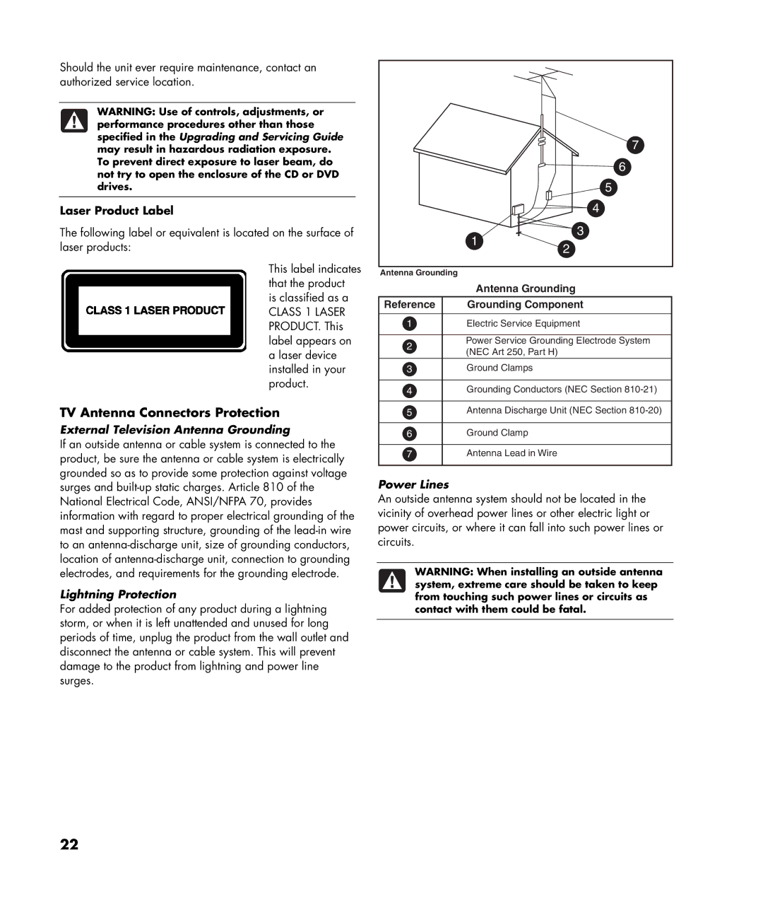 HP SR1320CF (PJ747AV), SR1300CF (PJ745AV) manual TV Antenna Connectors Protection, Laser Product Label 