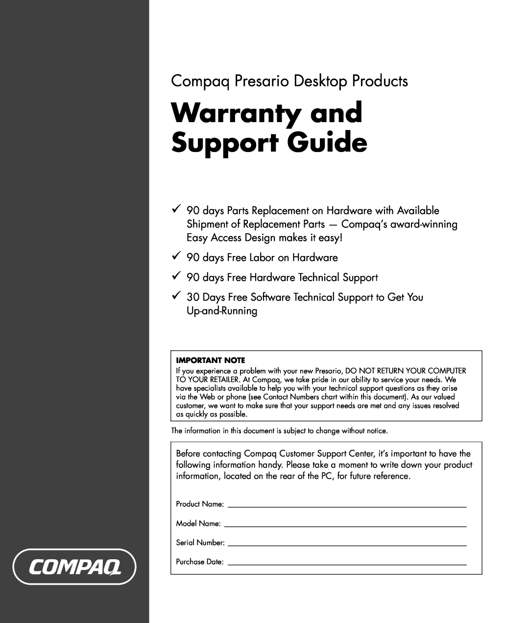 HP SR1300CF (PJ745AV) manual Warranty and Support Guide, Compaq Presario Desktop Products, days Free Labor on Hardware 