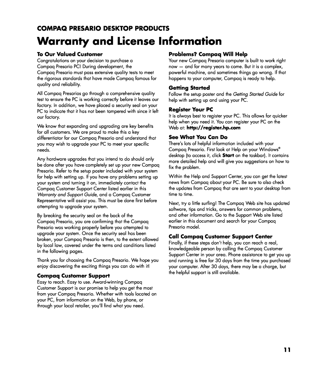 HP SR1300CF (PJ745AV) manual Warranty and License Information, Compaq Presario Desktop Products, To Our Valued Customer 