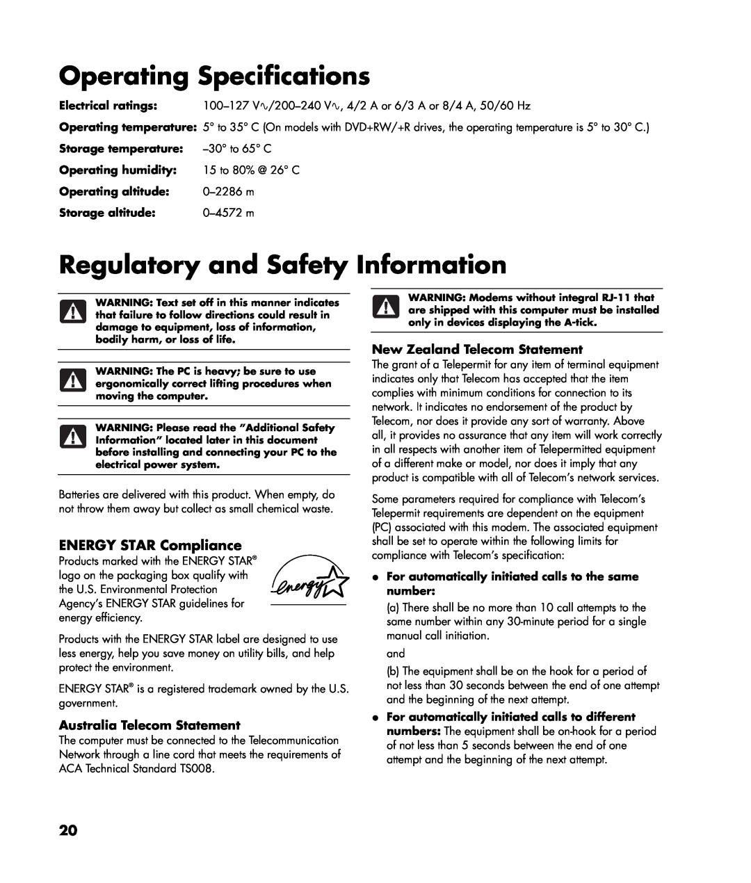 HP SR1320CF (PJ747AV) manual Operating Specifications, Regulatory and Safety Information, ENERGY STAR Compliance 