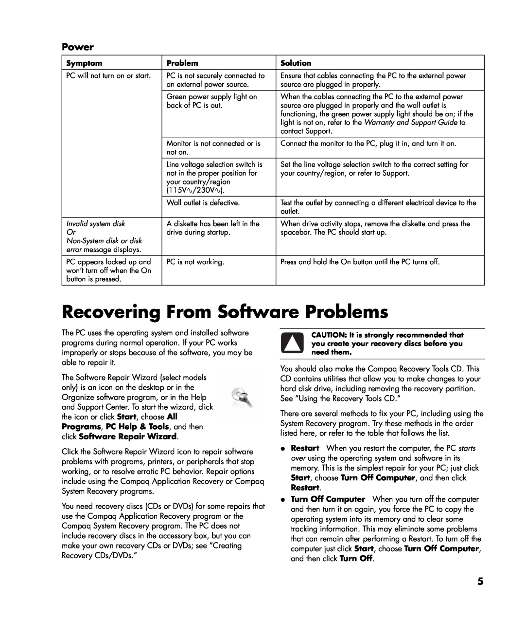 HP SR1300CF (PJ745AV), SR1320CF (PJ747AV) manual Recovering From Software Problems, Power 