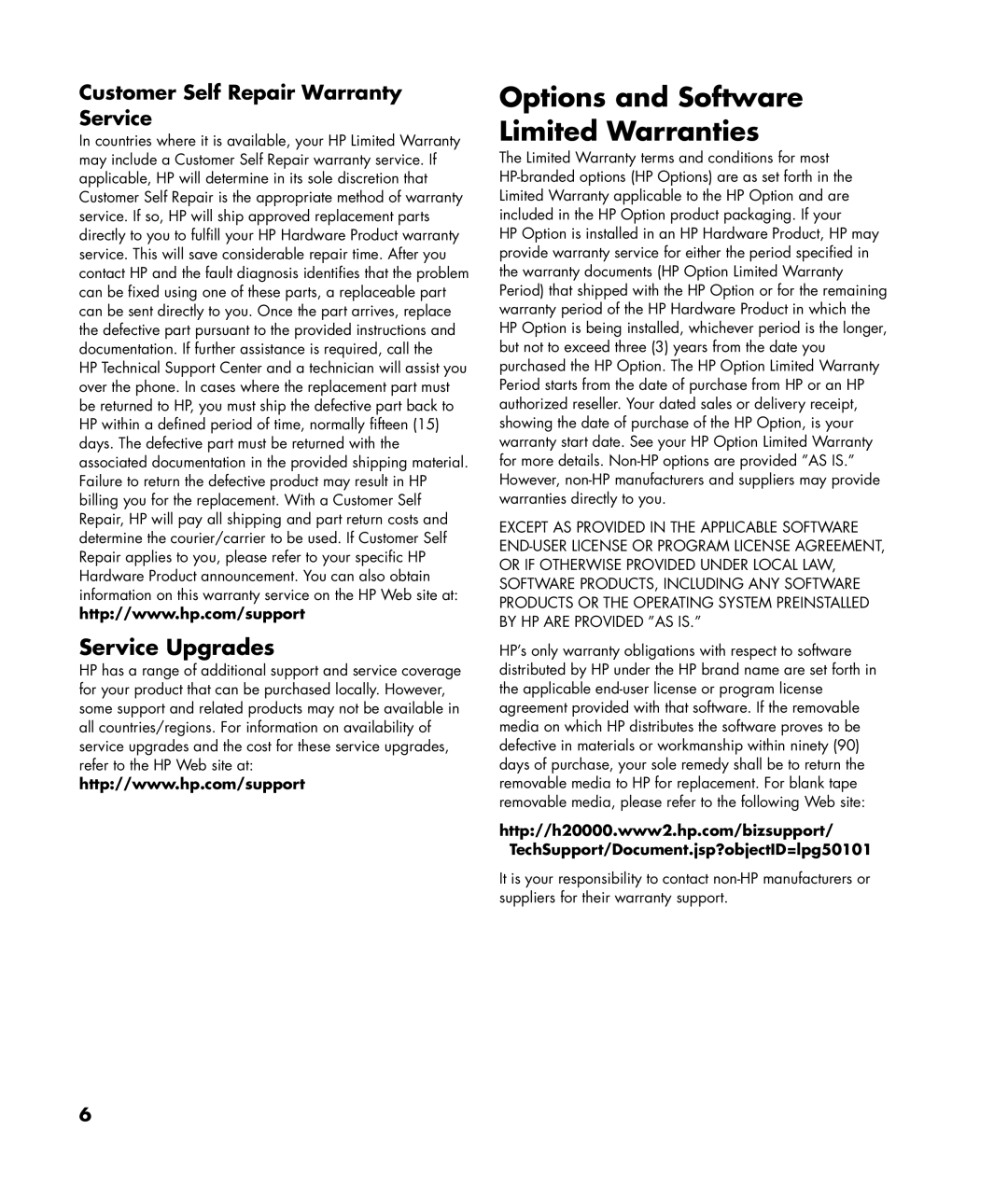 HP SR1320IL, SR1315IL Options and Software Limited Warranties, Service Upgrades, Customer Self Repair Warranty Service 