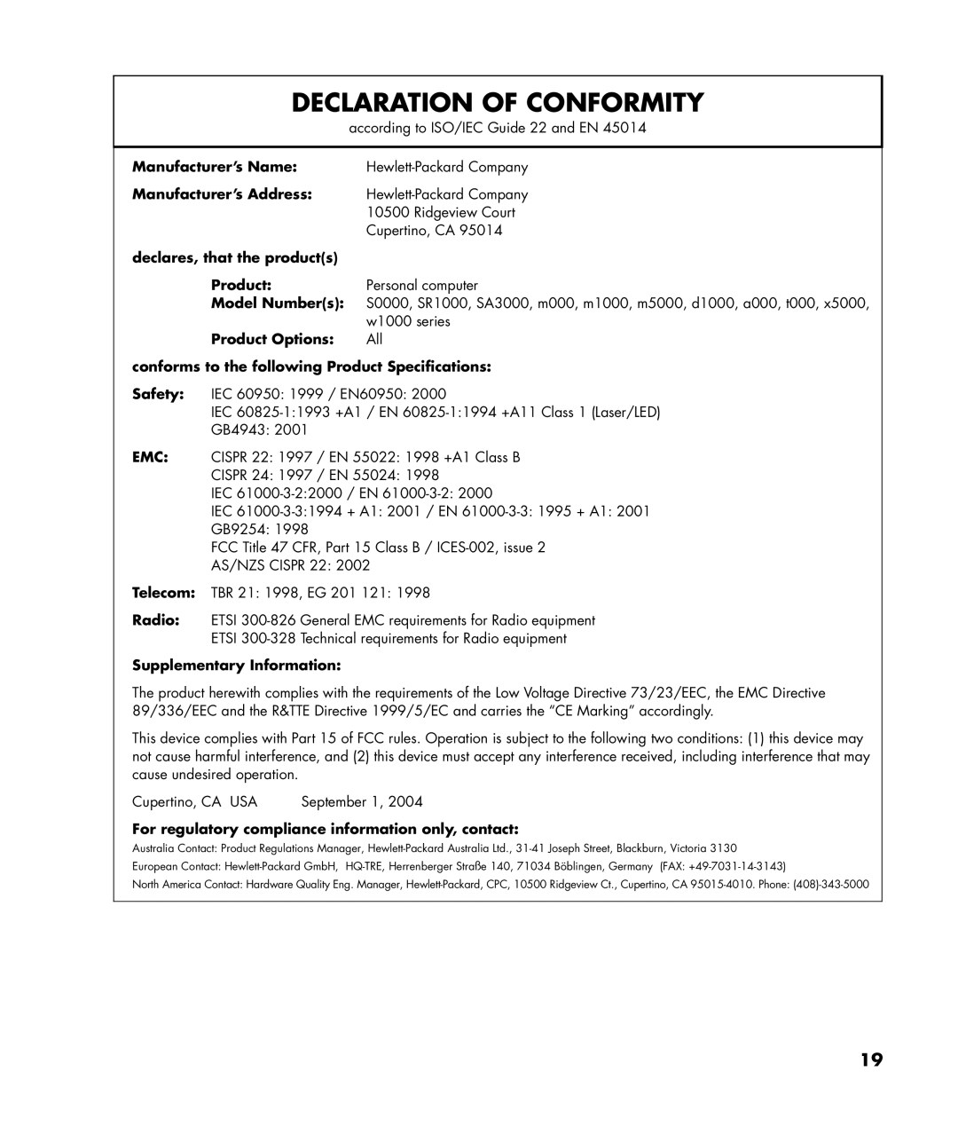 HP SR1318NX, SR1320NX manual Telecom Radio Supplementary Information, For regulatory compliance information only, contact 