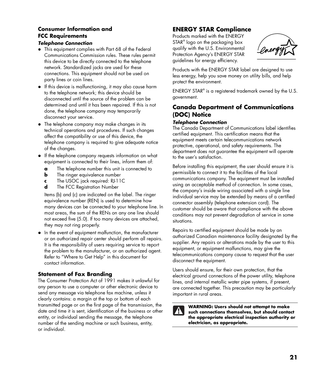 HP SR1311NX Energy Star Compliance, Canada Department of Communications DOC Notice, Consumer Information FCC Requirements 