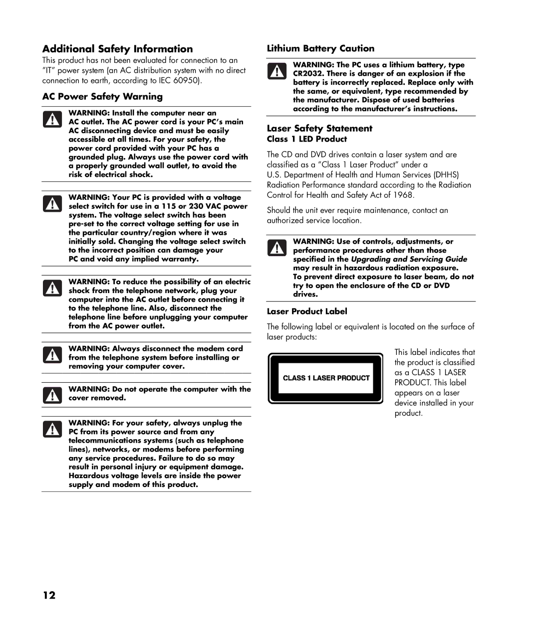 HP SR1325CF (PJ746AV) Additional Safety Information, AC Power Safety Warning, Class 1 LED Product, Laser Product Label 