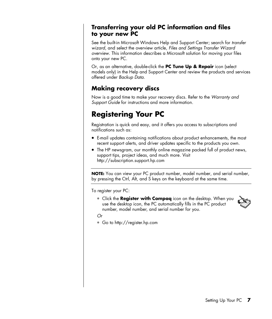 HP SR1330NX, SR1330IL, SR1325CF (PJ746AV), SR1320NX, SR1319RS, SR1320CF (PJ747AV) Registering Your PC, Making recovery discs 