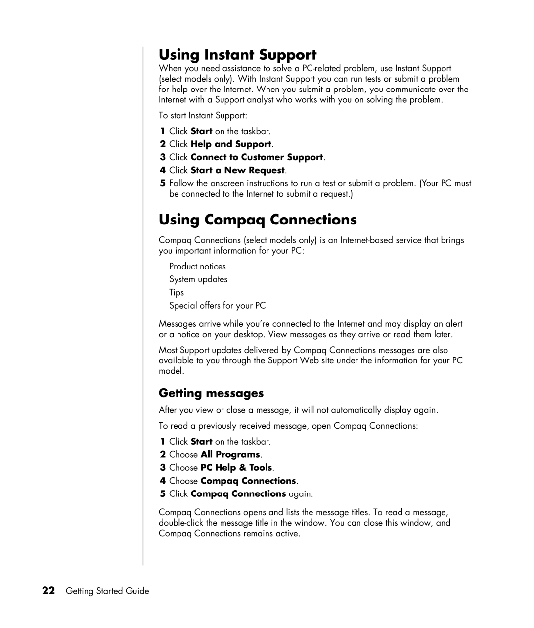 HP SR1230NX, SR1330IL, SR1325CF (PJ746AV), SR1320NX manual Using Instant Support, Using Compaq Connections, Getting messages 