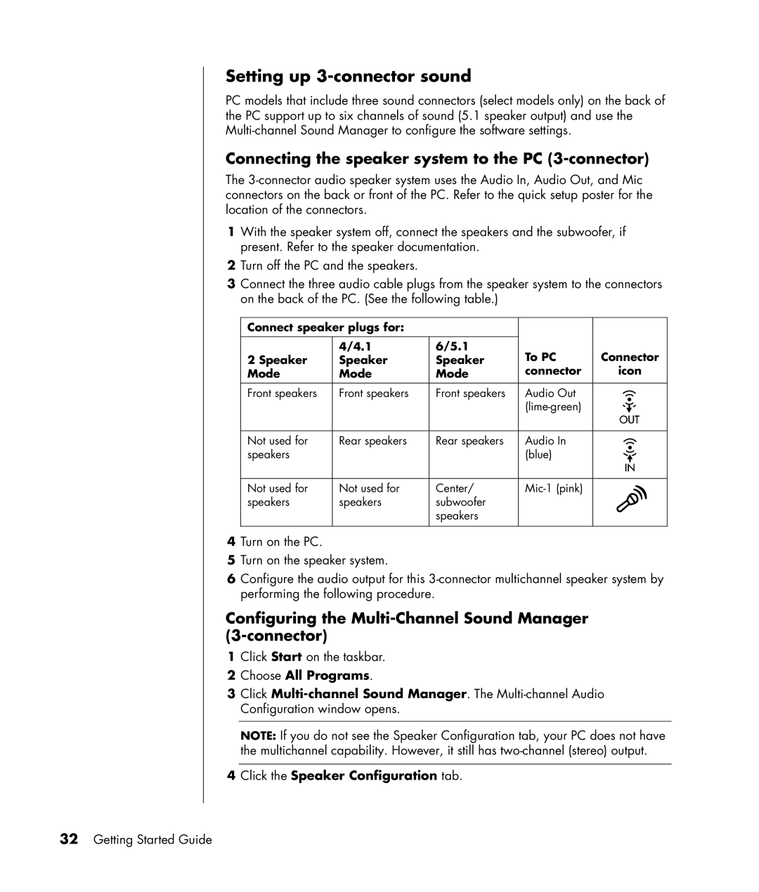 HP SR1234NX manual Setting up 3-connector sound, Connecting the speaker system to the PC 3-connector, Choose All Programs 