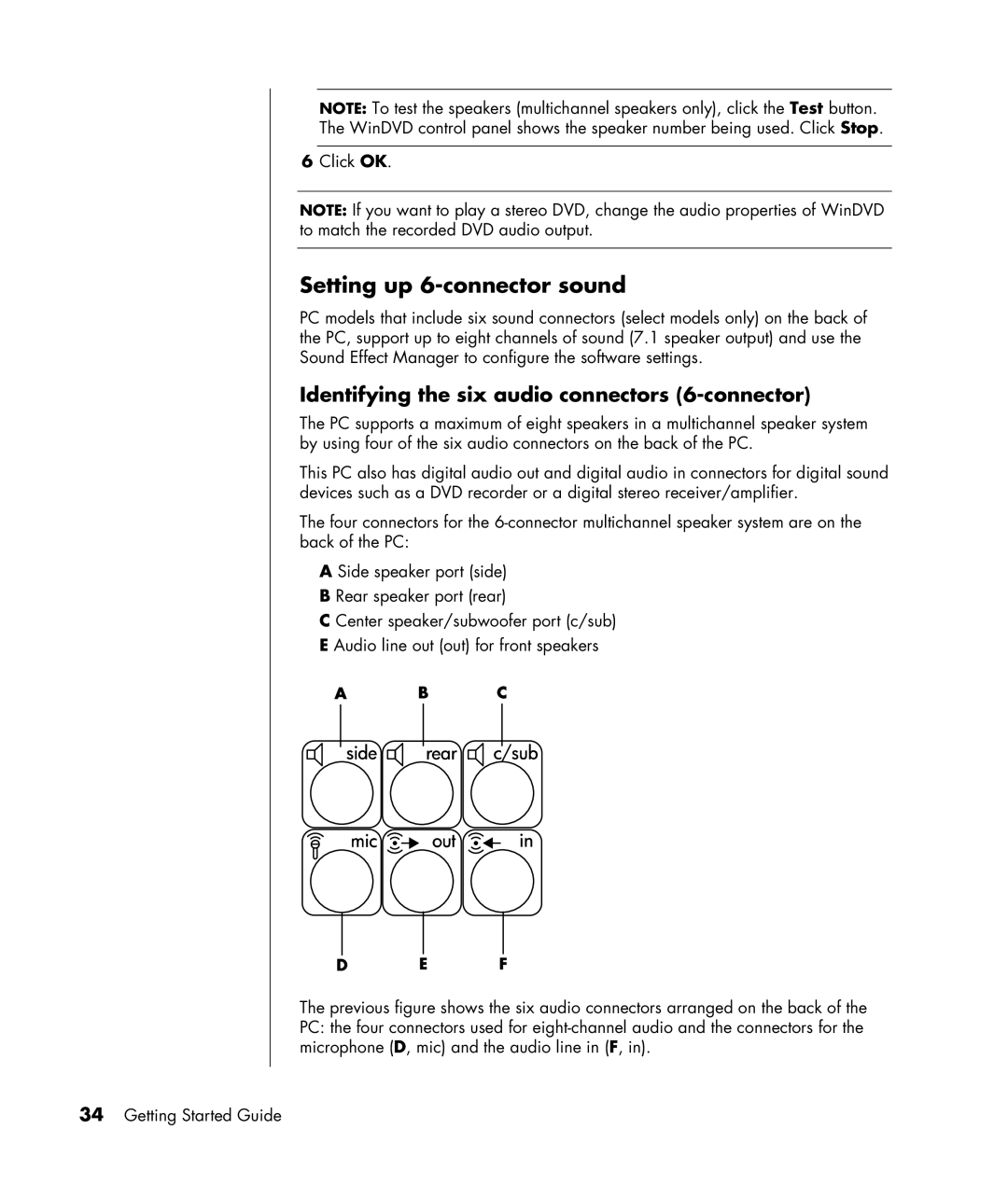 HP SR1248AN, SR1330IL, SR1325CF (PJ746AV) Setting up 6-connector sound, Identifying the six audio connectors 6-connector 