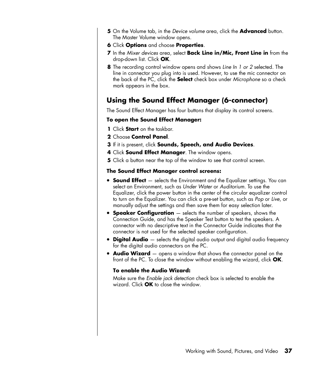 HP SR1303WM manual Using the Sound Effect Manager 6-connector, To open the Sound Effect Manager, To enable the Audio Wizard 