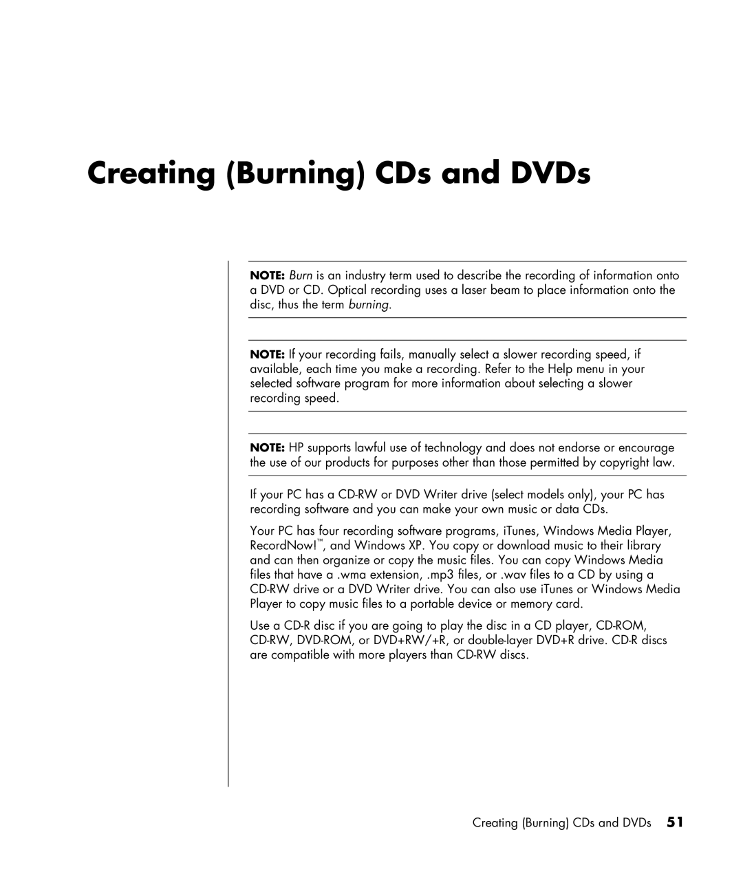 HP SR1200NX, SR1330IL, SR1325CF (PJ746AV), SR1320NX, SR1319RS, SR1320CF (PJ747AV), SR1320AN manual Creating Burning CDs and DVDs 