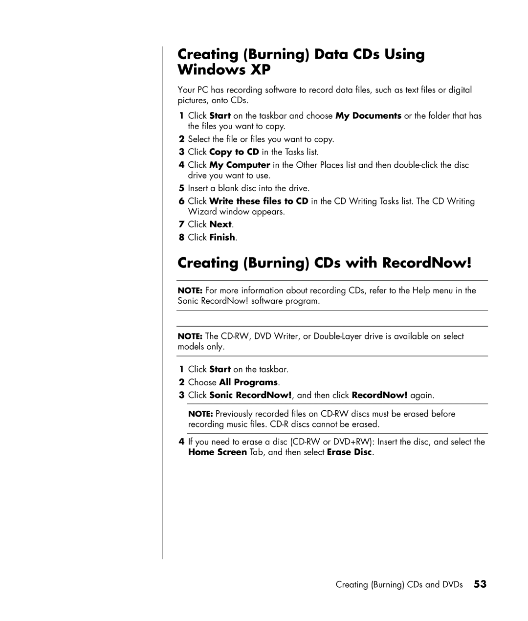 HP SR1010Z (PU027AV), SR1330IL, SR1320NX Creating Burning Data CDs Using Windows XP, Creating Burning CDs with RecordNow 