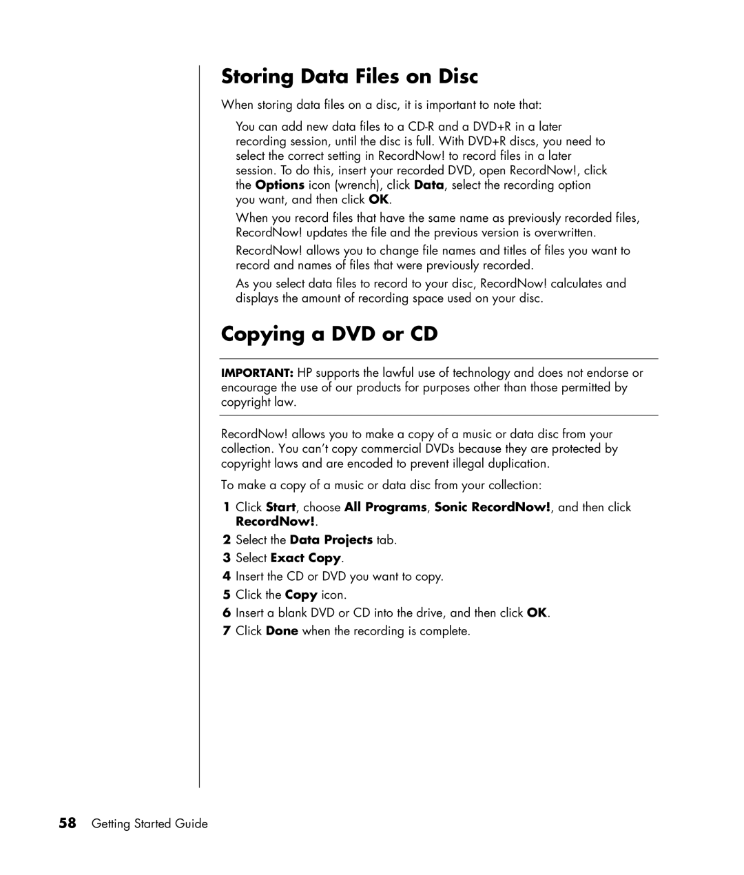 HP SR1330IL, SR1325CF (PJ746AV), SR1320NX, SR1319RS manual Storing Data Files on Disc, Copying a DVD or CD, Select Exact Copy 