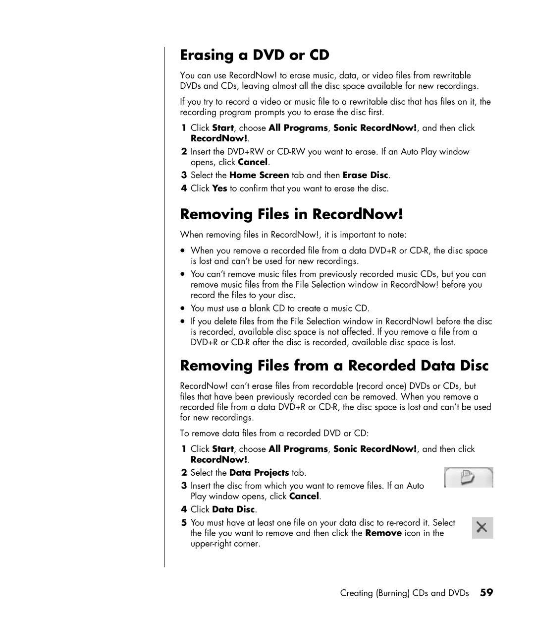 HP SR1325CF (PJ746AV), SR1330IL Erasing a DVD or CD, Removing Files in RecordNow, Removing Files from a Recorded Data Disc 