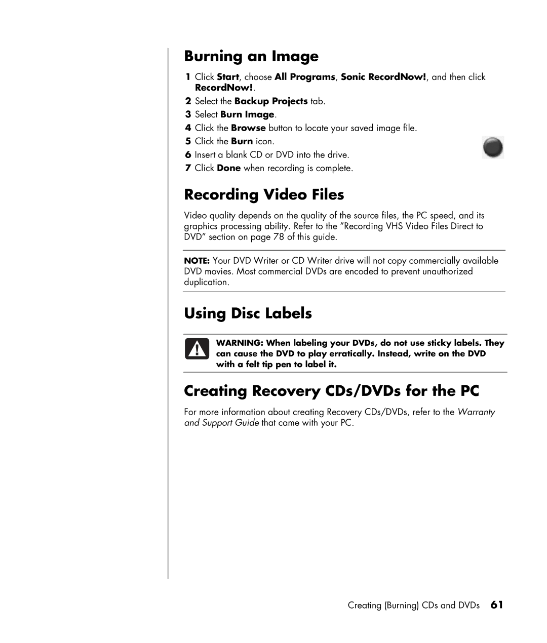 HP SR1319RS, SR1330IL Burning an Image, Recording Video Files, Using Disc Labels Creating Recovery CDs/DVDs for the PC 