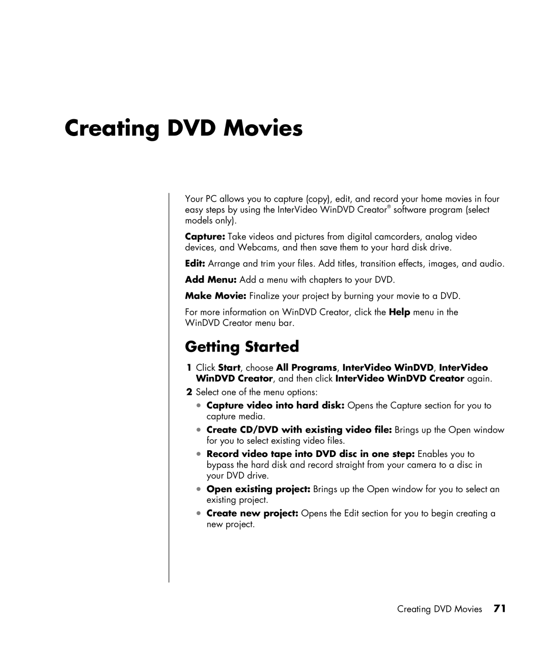 HP SR1330NX, SR1330IL, SR1325CF (PJ746AV), SR1320NX, SR1319RS, SR1320CF (PJ747AV) manual Creating DVD Movies, Getting Started 