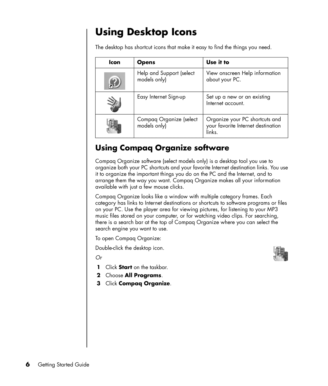 HP SR1428OM, SR1401NX, SR1403WM, SR1411NX, SR1405IN Using Desktop Icons, Using Compaq Organize software, Icon Opens Use it to 