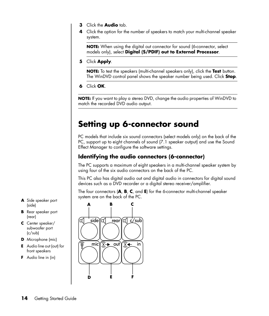 HP SR1426NX, SR1401NX, SR1403WM, SR1411NX manual Setting up 6-connector sound, Identifying the audio connectors 6-connector 