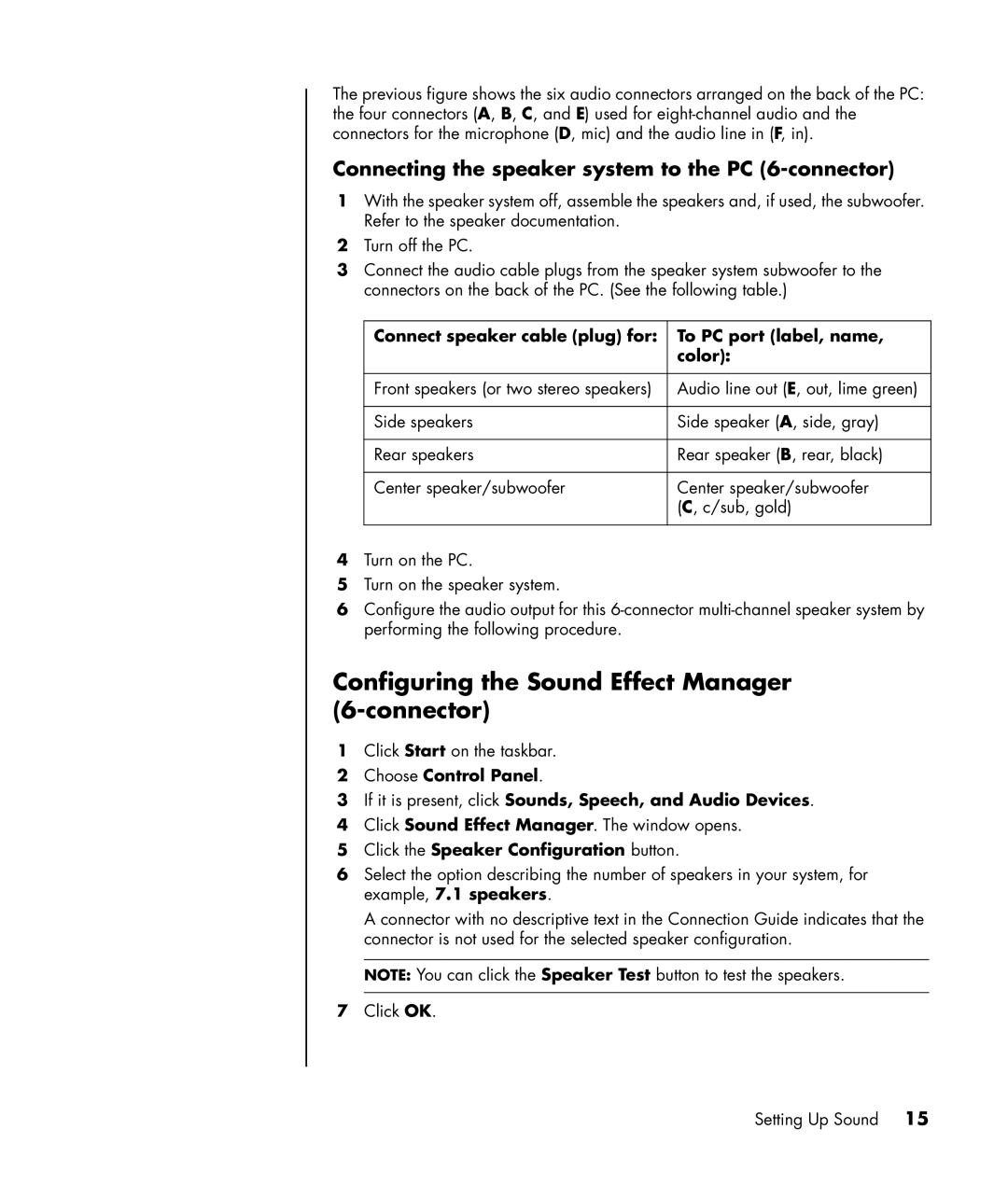 HP SR1430NX Configuring the Sound Effect Manager 6-connector, Connect speaker cable plug for To PC port label, name Color 