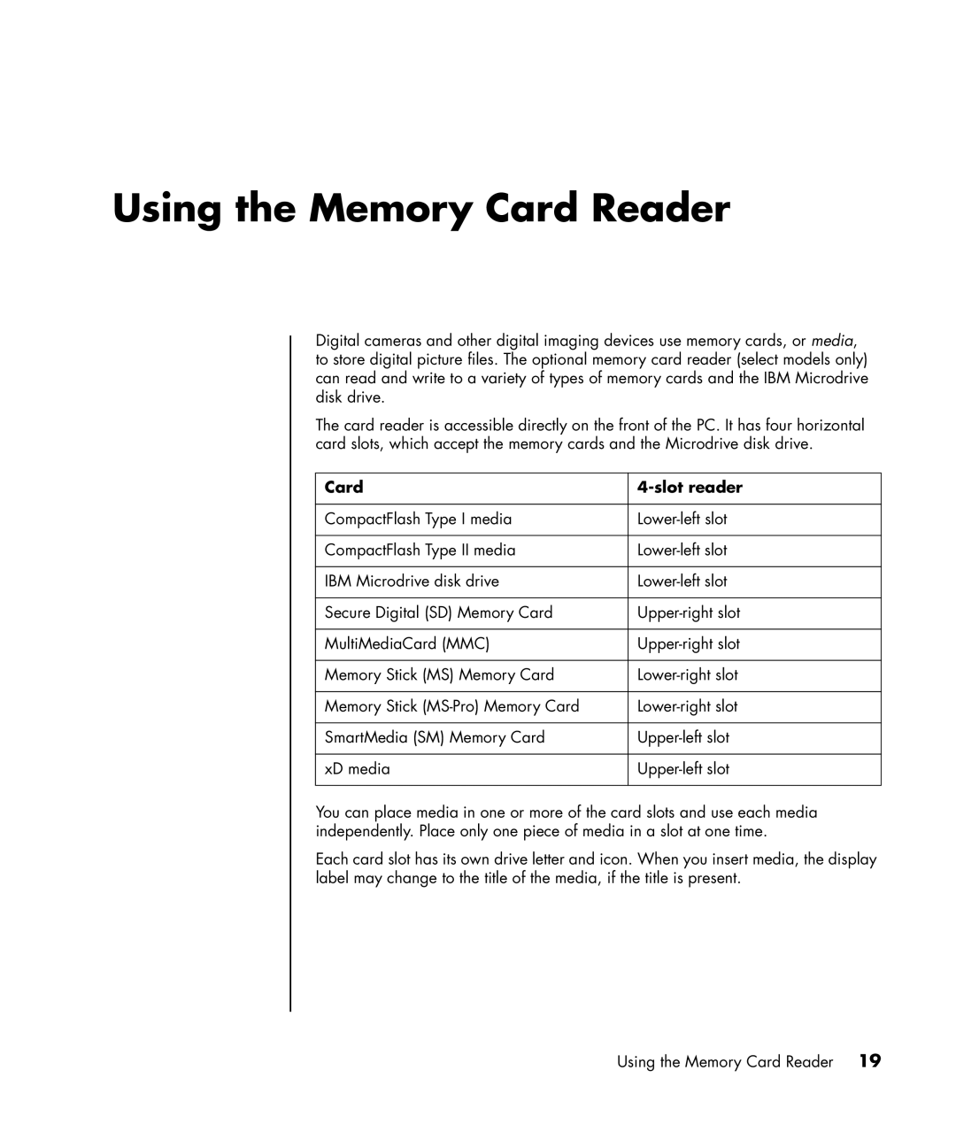 HP SR1463CL, SR1401NX, SR1403WM, SR1411NX, SR1400CF (PU194AV), SR1405IN manual Using the Memory Card Reader, Card Slot reader 