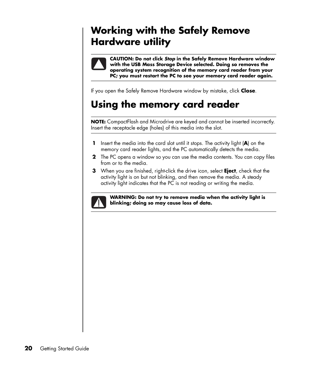 HP SR1460CF (PU198AV), SR1401NX, SR1403WM Working with the Safely Remove Hardware utility, Using the memory card reader 