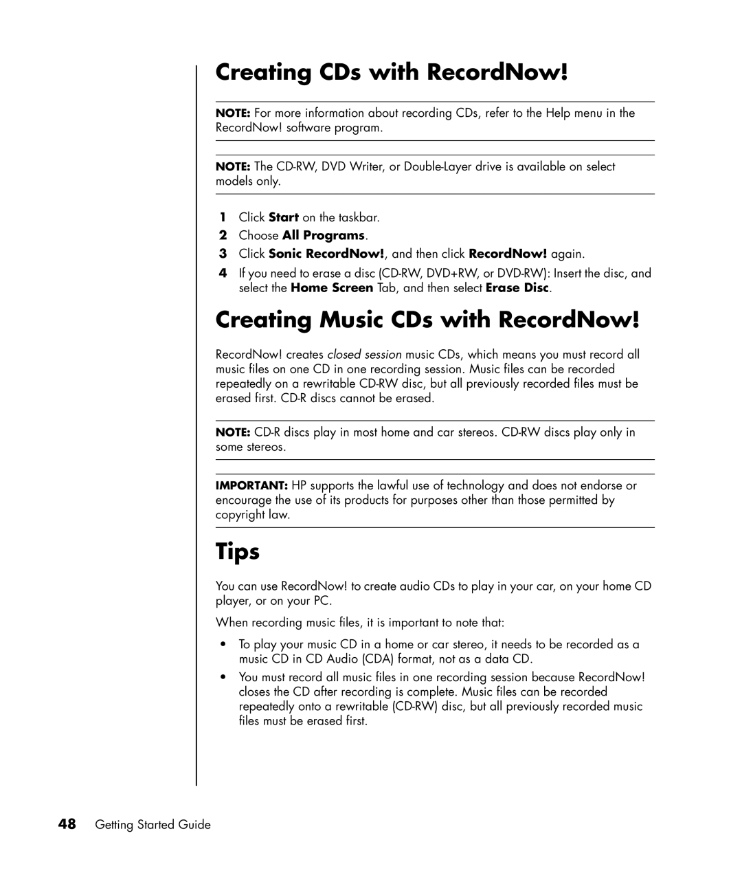 HP SR1430NX, SR1401NX, SR1403WM, SR1411NX, SR1405IN manual Creating CDs with RecordNow, Creating Music CDs with RecordNow, Tips 