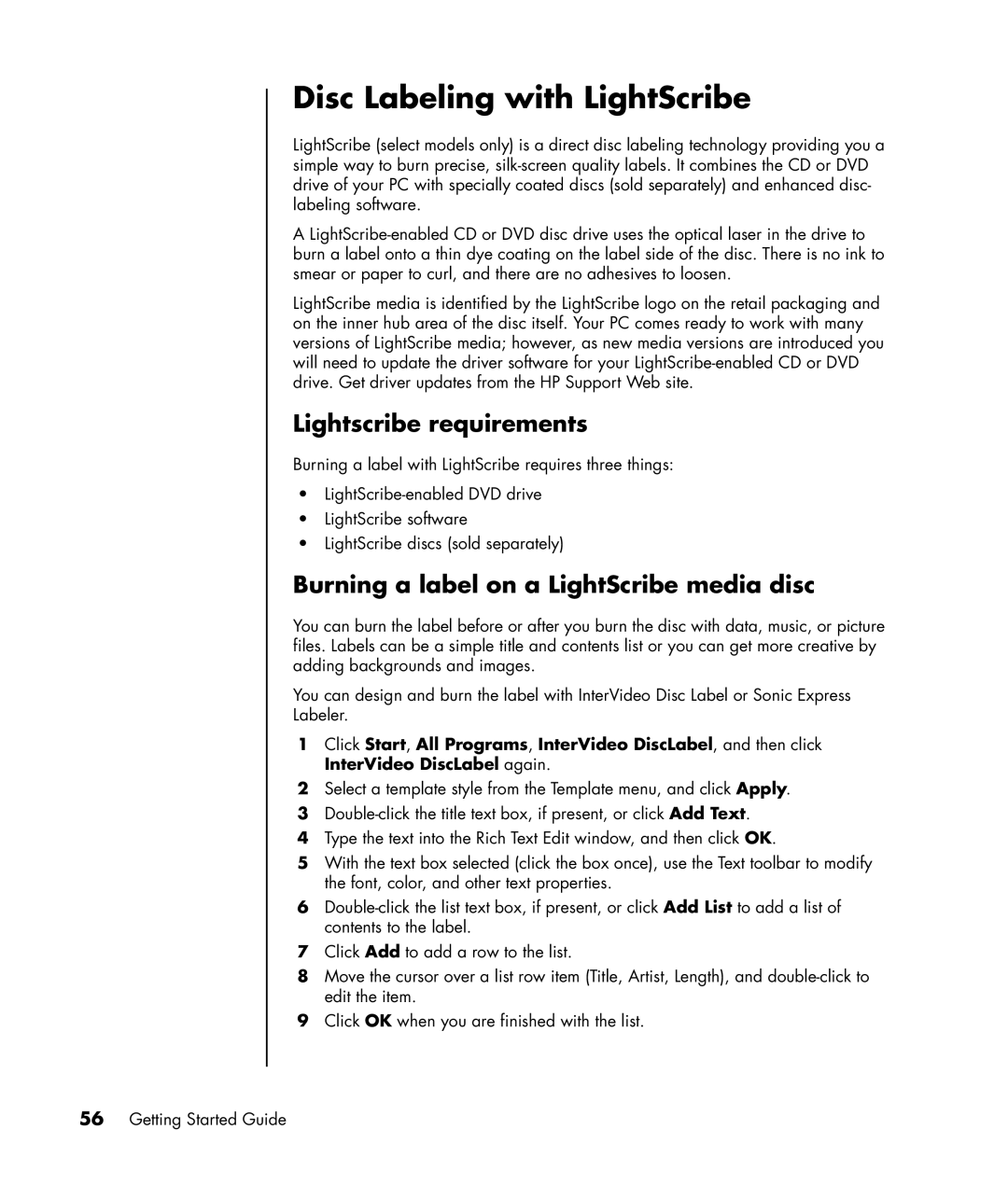 HP SR1450AP manual Disc Labeling with LightScribe, Lightscribe requirements, Burning a label on a LightScribe media disc 