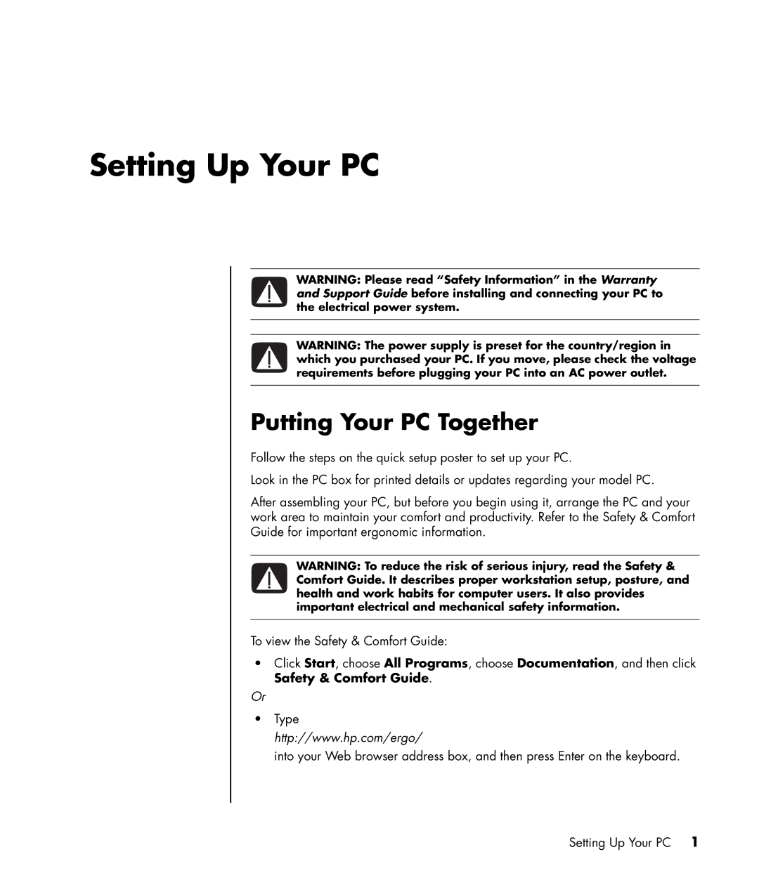 HP SR1525IN, SR1401NX, SR1403WM, SR1411NX, SR1400CF (PU194AV), SR1405IN, SR1520AN Setting Up Your PC, Putting Your PC Together 