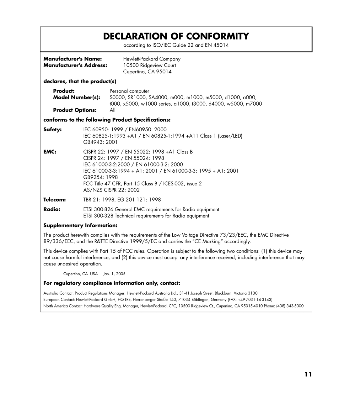 HP SR1463CL, SR1401NX, SR1403WM, SR1411NX, SR1428OM, SR1420NX, SR1417CL, SR1408HM, SR1410NX, SR1426NX Declaration of Conformity 