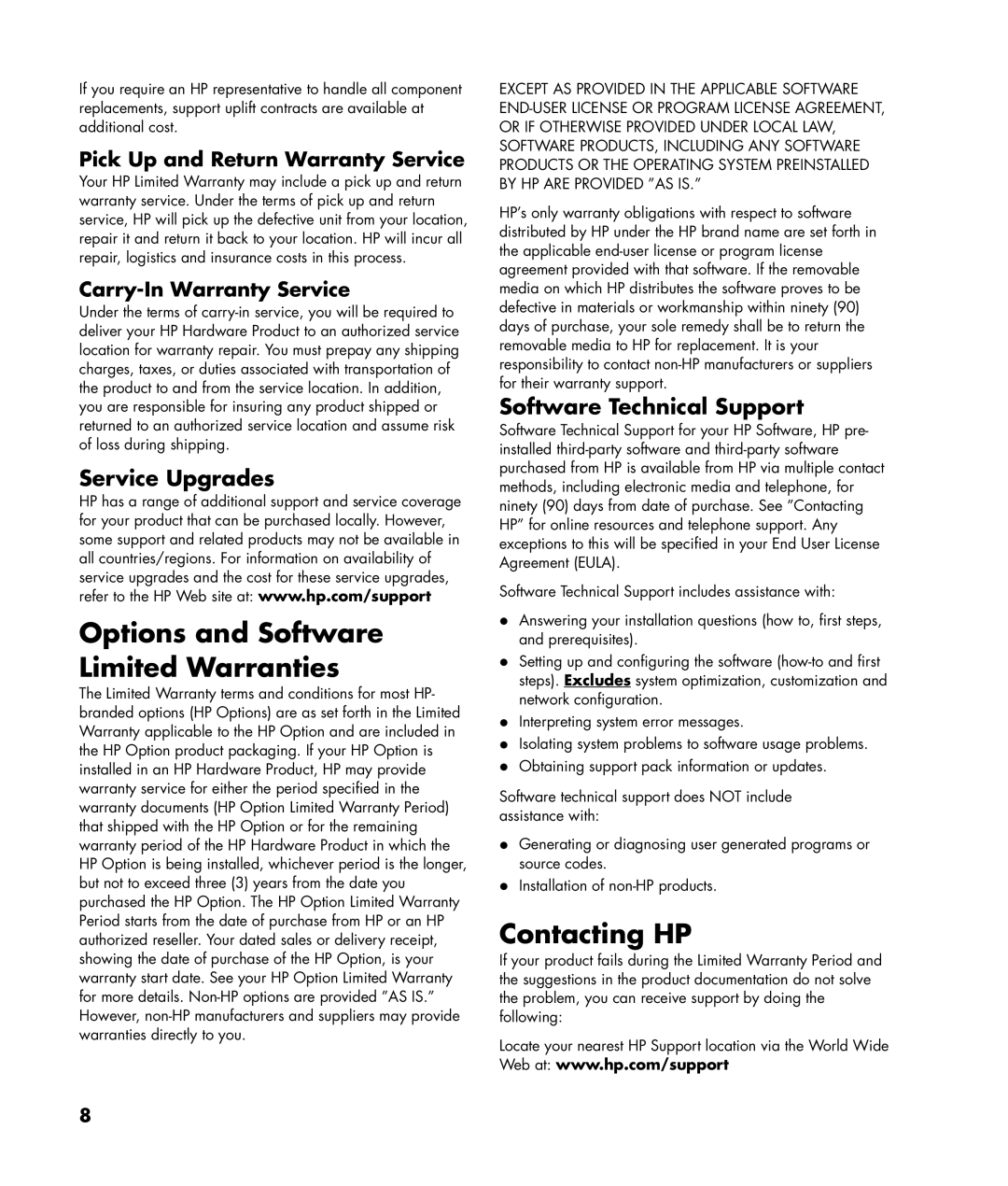 HP SR1426NX, SR1401NX Options and Software Limited Warranties, Contacting HP, Service Upgrades, Software Technical Support 