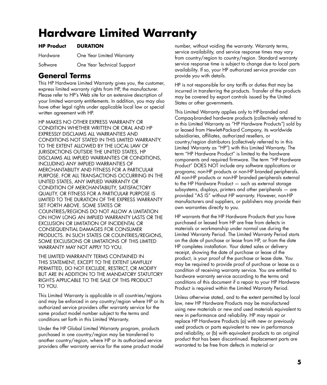 HP SR1460UK, SR1420UK manual Hardware Limited Warranty, General Terms, HP Product 