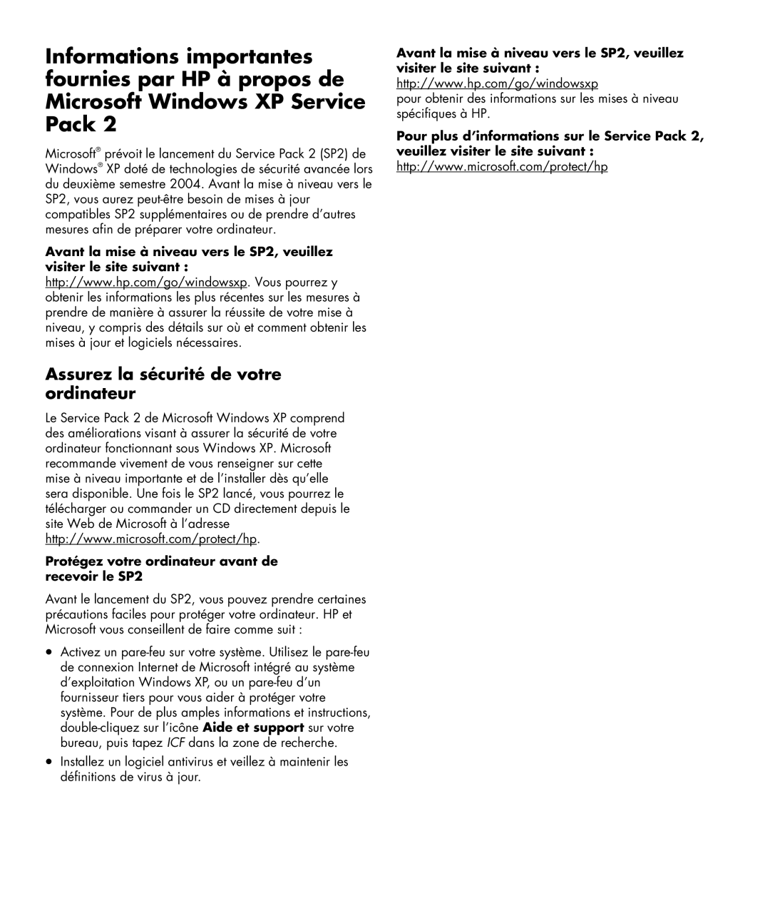 HP SR1420UK, SR1515LA, SR1505LA Assurez la sécurité de votre ordinateur, Protégez votre ordinateur avant de recevoir le SP2 