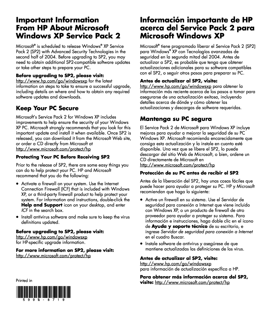 HP SR1505LA, SR1515LA manual Important Information From HP About Microsoft Windows XP Service Pack, Keep Your PC Secure 